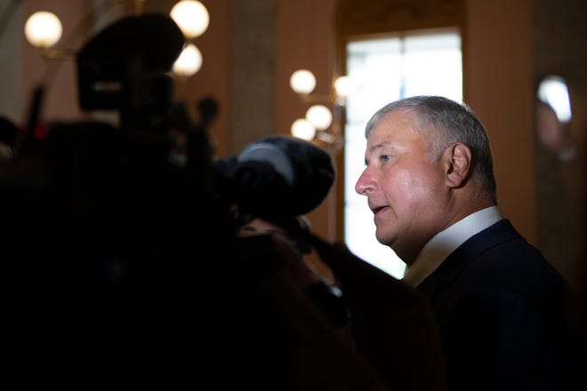 Larry Householder talks to reporters after being expelled as a representative in the Ohio House at the Ohio Statehouse in Columbus on Wednesday, June 16, 2021.