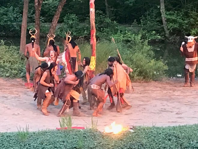 Native Americans perform a war dance in the finale of Tecumseh's first act.
