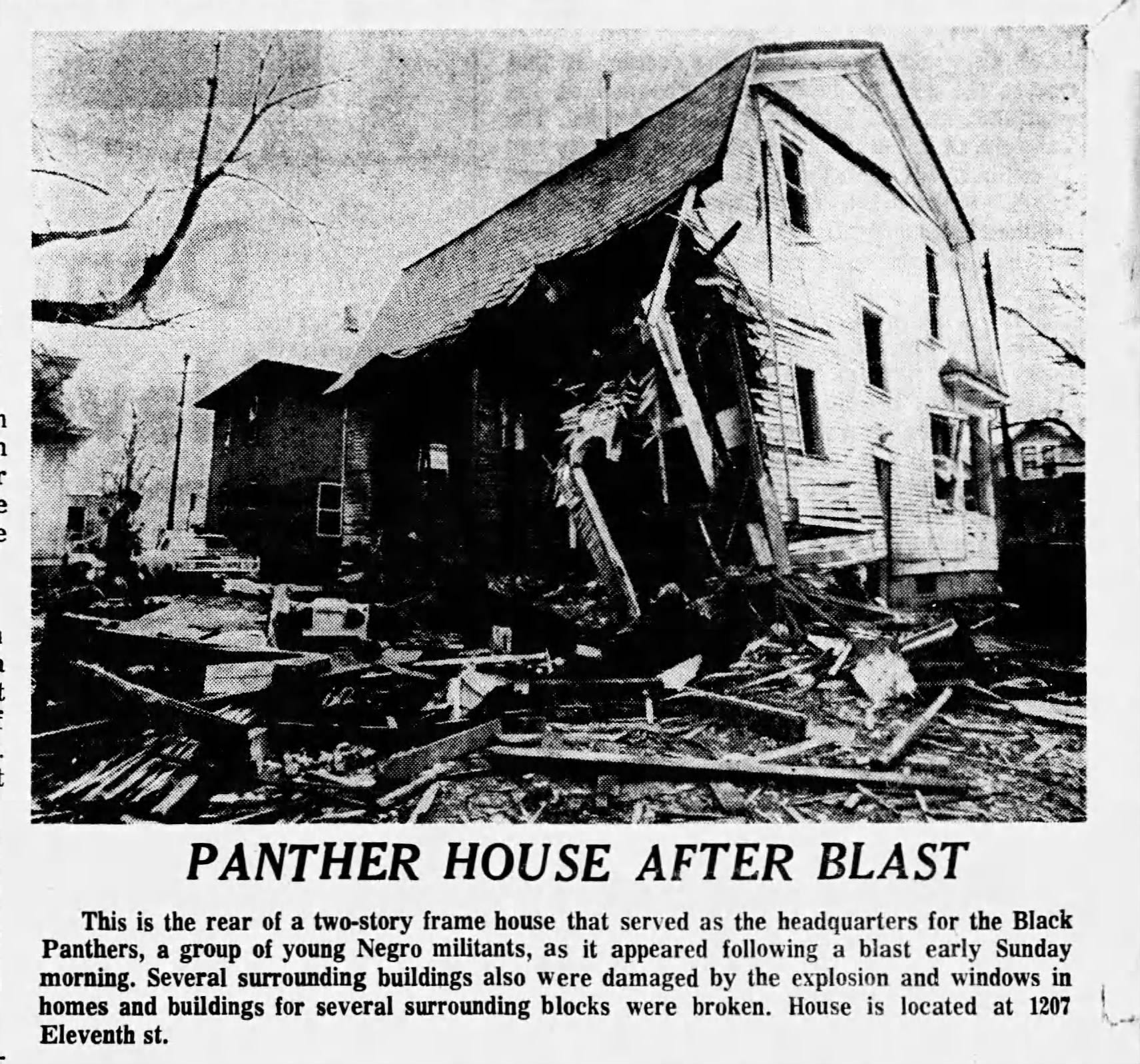 A photo in the Des Moines Tribune on April 28, 1969, after the headquarters of the Des Moines Black Panthers was bombed.