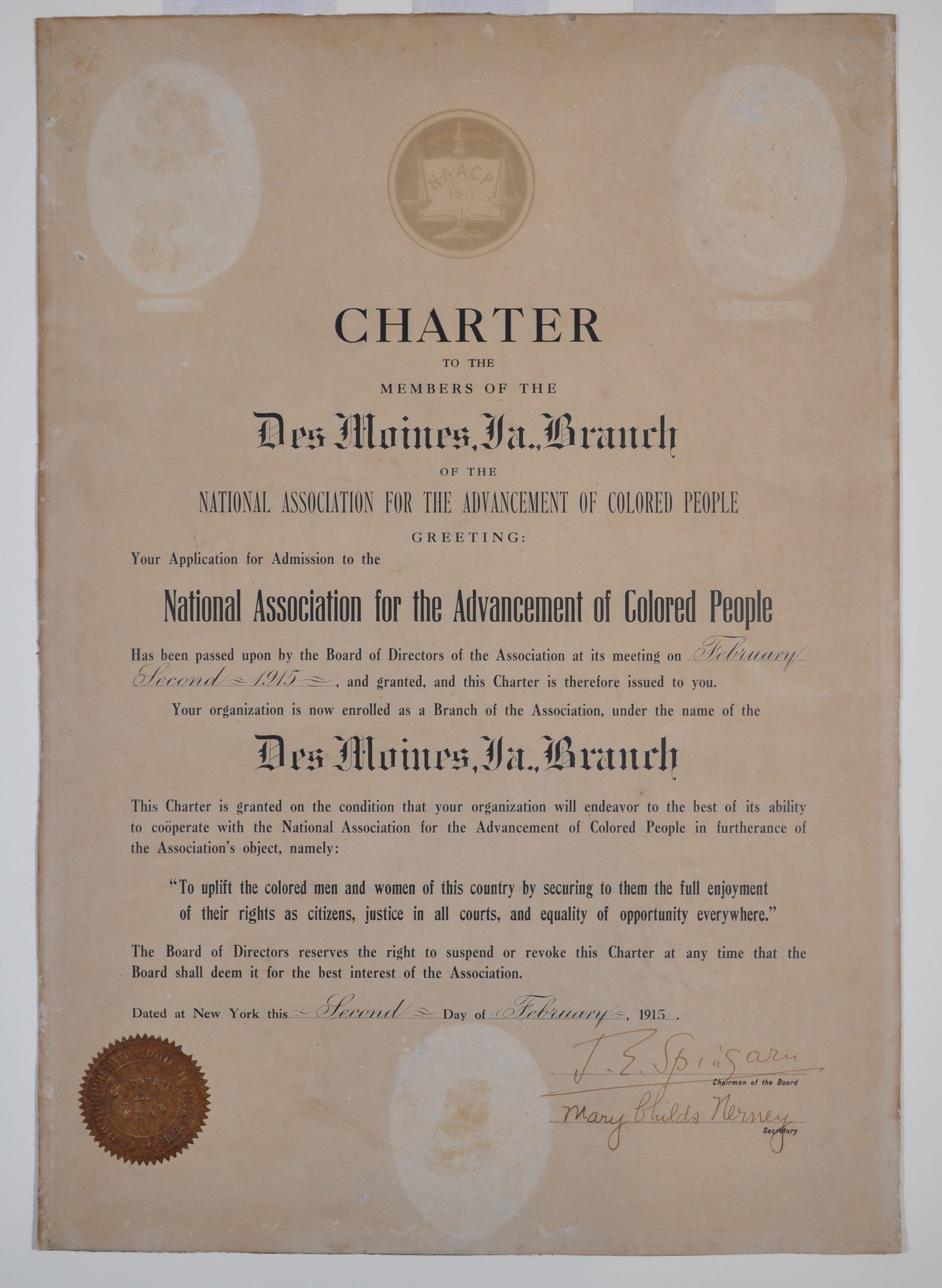 Charter for the Des Moines Chapter of the NAACP.