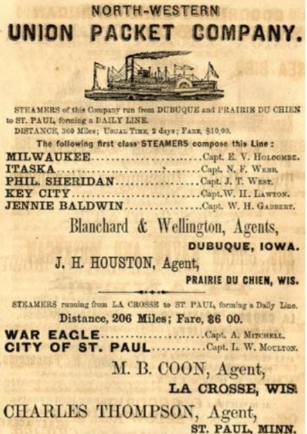 An Union Packet Company steamboats advertisement.