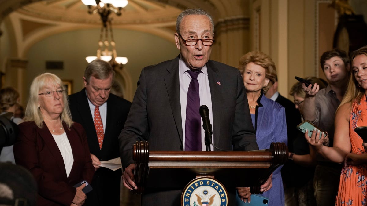 Senate Majority Leader Chuck Schumer, D-N.Y., and the Democratic leadership speak to reporters about progress on an infrastructure bill and voting rights legislation, at the Capitol in Washington, Tuesday, June 15, 2021. Today was the first day democrats met for an in-person luncheon since the pandemic began in 2020. 
