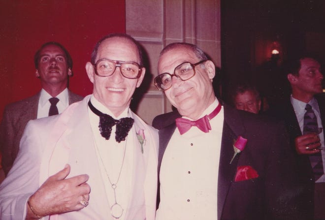Lionel Friedman (left) and John Strauss at the Oscars in February 1985. Strauss was the music coordinator for that year's best picture winner, 'Amadeus,' and appeared briefly onscreen as a conductor.