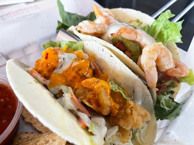 A "Boom Boom Shrimp" and an "NFB Shrimp" taco from Naples Flatbread Kitchen & Bar at Miromar Outlets in Estero.