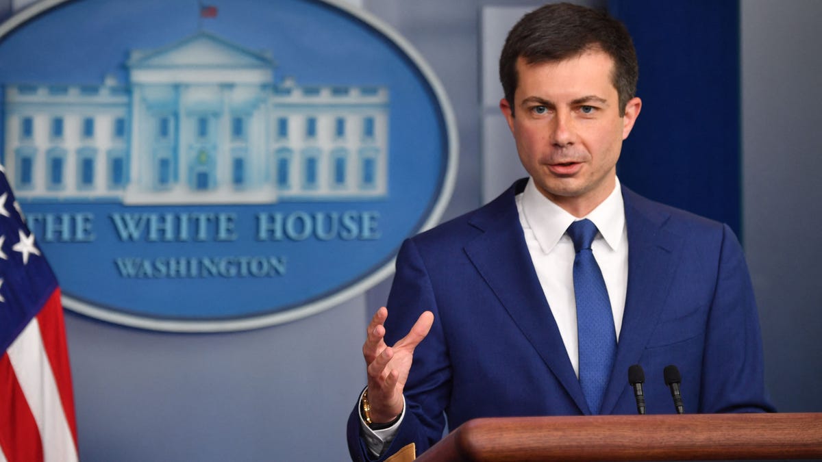 US Transportation Secretary Pete Buttigieg speaks in the Brady Briefing Room during the daily White House briefing on May 12, 2021, in Washington, DC. (Photo by Nicholas Kamm / AFP) (Photo by NICHOLAS KAMM/AFP via Getty Images)