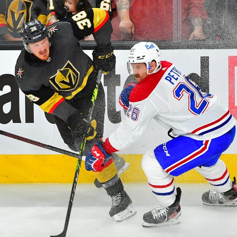 Montreal's Jeff Petry defends against Vegas' Patri