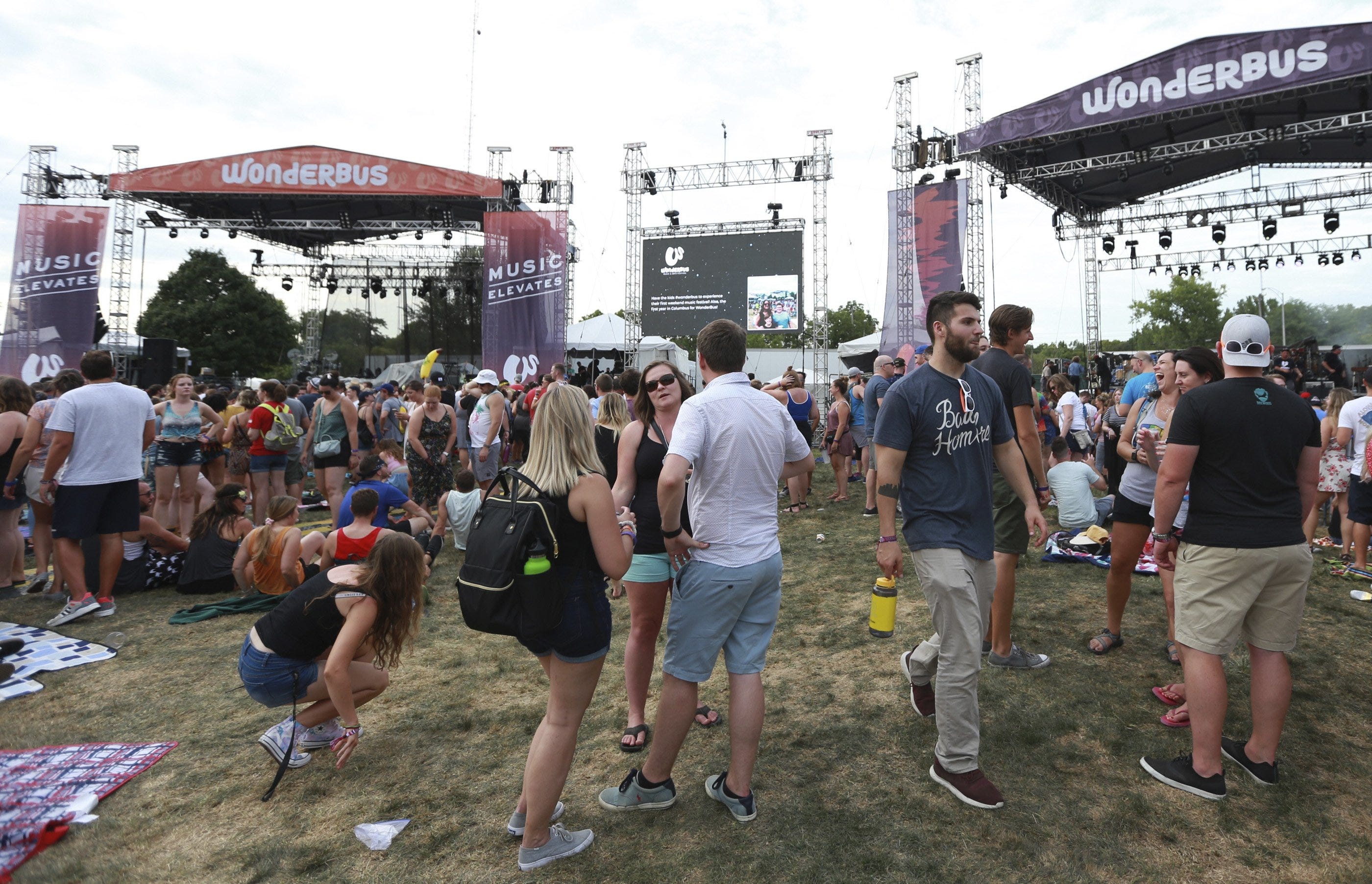 The Music Elevates Stage (left) and River Stage (right) in between music acts at the WonderBus Music & Arts Festival in Columbus, Ohio on Saturday August 17, 2019.