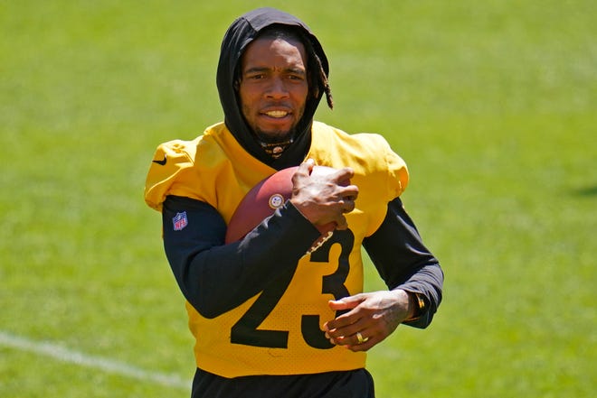Pittsburgh Steelers cornerback Joe Haden (23) works during the team's NFL mini-camp football practice in Pittsburgh, Thursday, June 17, 2021. He remains one of the question marks for this year's secondary. (AP Photo/Gene J. Puskar)