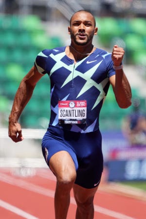 Garrett Scantling runs 10.53 in the decathlon 100m during the U.S. Olympic Team Trials for track and field at Hayward Field in Eugene, Oregon on June 19, 2021. Mandatory Credit: Kirby Lee-USA TODAY Sports