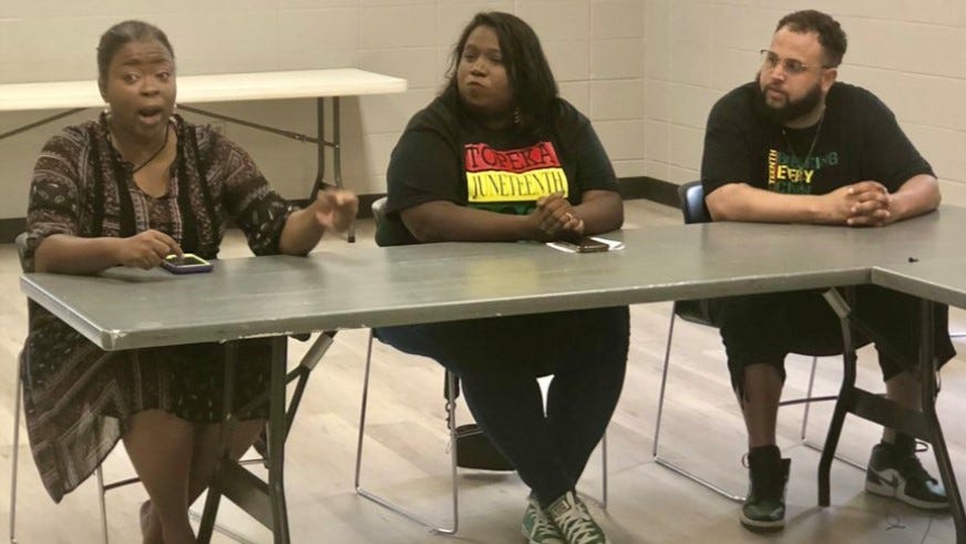 Topeka City Council candidate Regina Platt, left, spoke as council candidates Ariane Davis, center, and Gregory Bland Jr. listened during a discussion held at Hillcrest Community Center as part of Saturday's Juneteenth celebration.