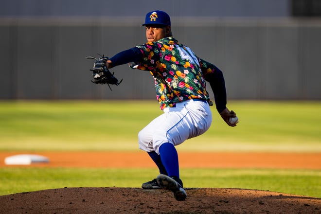 Amarillo Sod Poodles pitcher Luis Frias (45) pitches against the Midland RockHounds on Saturday, June 19, 2021, at HODGETOWN in Amarillo, Texas. [Photo by John Moore/Amarillo Sod Poodles]