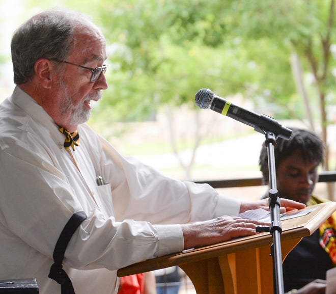 Stuart Sprague speaks on behalf of the Anderson Area Remembrance and Reconciliation Initiative during the Juneteenth event at Carolina Wren Park in downtown Anderson Saturday, June 19, 2021. 