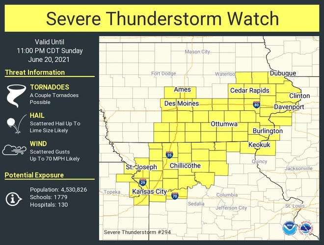 A severe thunderstorm watch was issued for parts of Iowa, Kansas, Missouri and Illinois until 11 p.m.