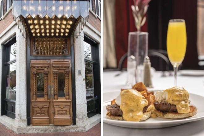 Left, the Lindey's façade; right, a brunch dish