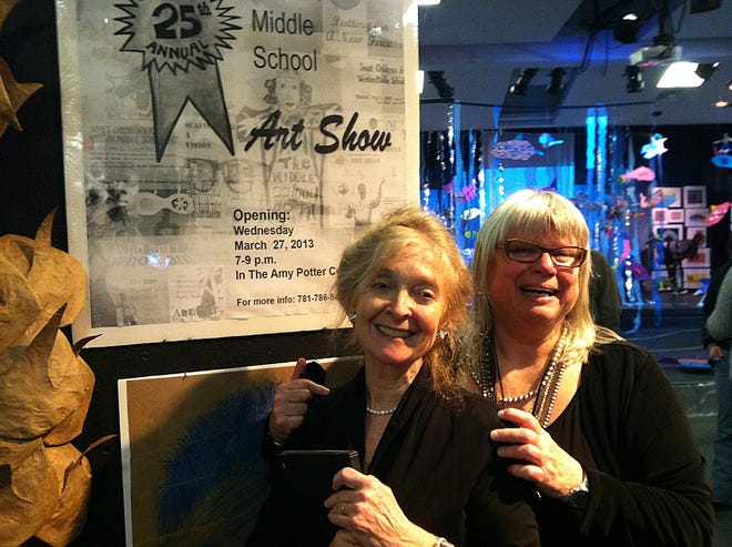 Weston Middle School visual arts teacher Margaret Burns with her longtime colleague Dawn Nelson at the 25th annual art show.