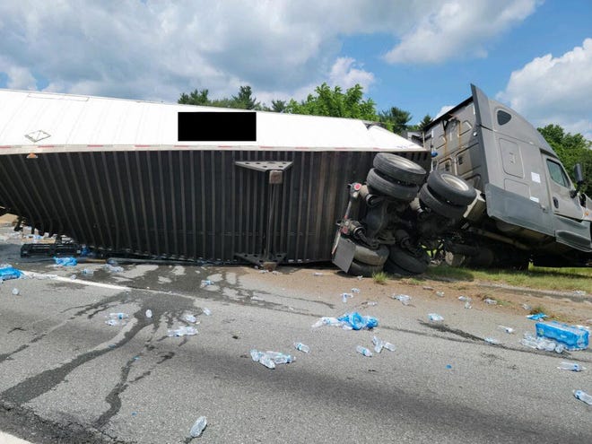 A tractor-trailer overturned on Route 30 on Monday, June 21, 2021, spilling a load of bottled water onto the roadway. Photo courtesy of Hellam Fire Co.