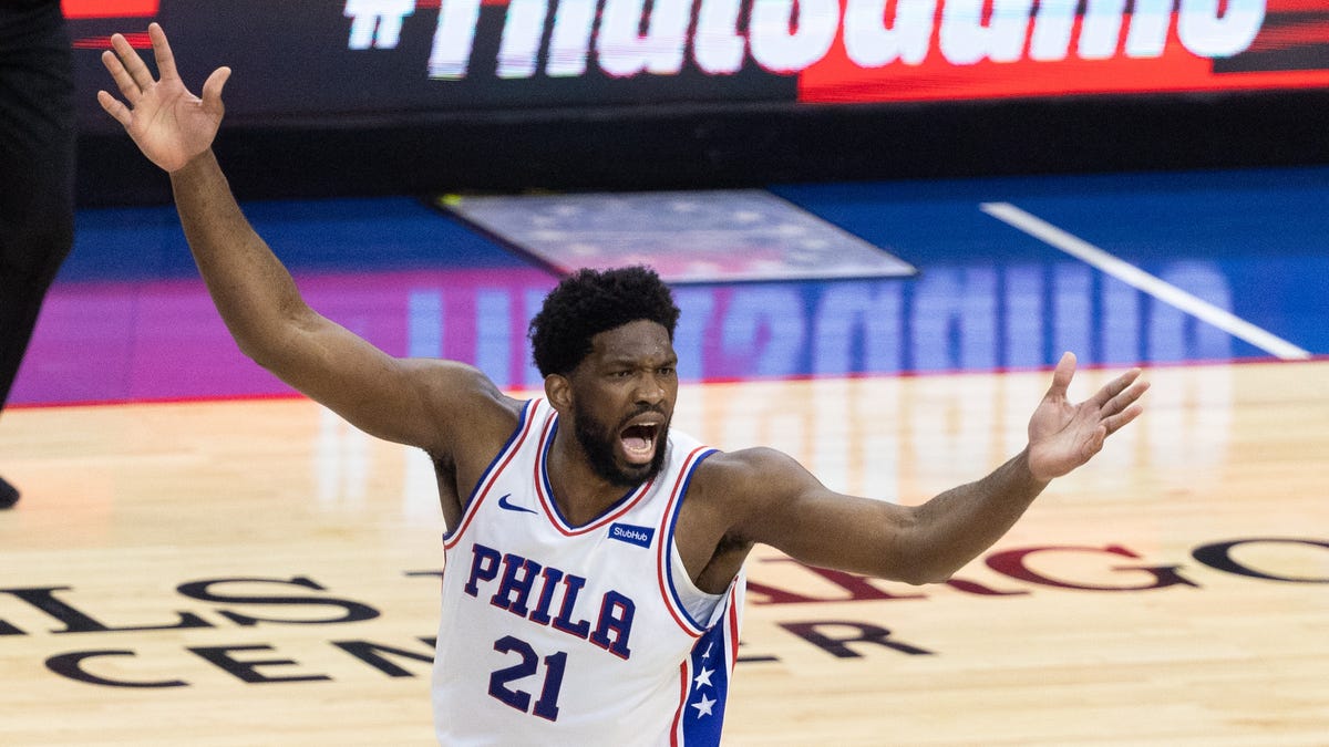 Joel Embiid reacts during the 76ers' loss to the Hawks in Game 7 on Sunday night.
