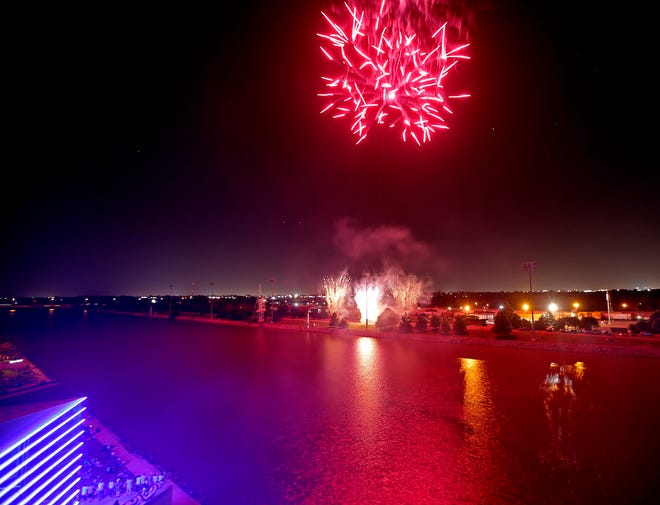 Fireworks light up the sky during the Stars & Stripes River Festival at Riversports Adventures in Oklahoma City, Oklahoma on June 29, 2019.