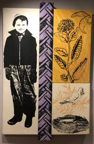 Goshen artist Abner Hershberger created this 1997 acrylic screenprint, "Boy with Milkweed Pod," to represent himself as a boy who'd harvested mildweed to make life vests during World War II. It's on display at the Midwestern Museum of American Art in Elkhart through July 25.