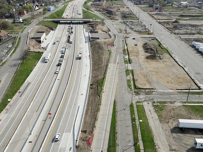 This view from May 6, 2021, shows the progress of the Michigan interchange for the Gordie Howe International Bridge. Smarter technologies are anticipated for the Gordie Howe International Bridge project, which is expected to be running by the end of 2024.