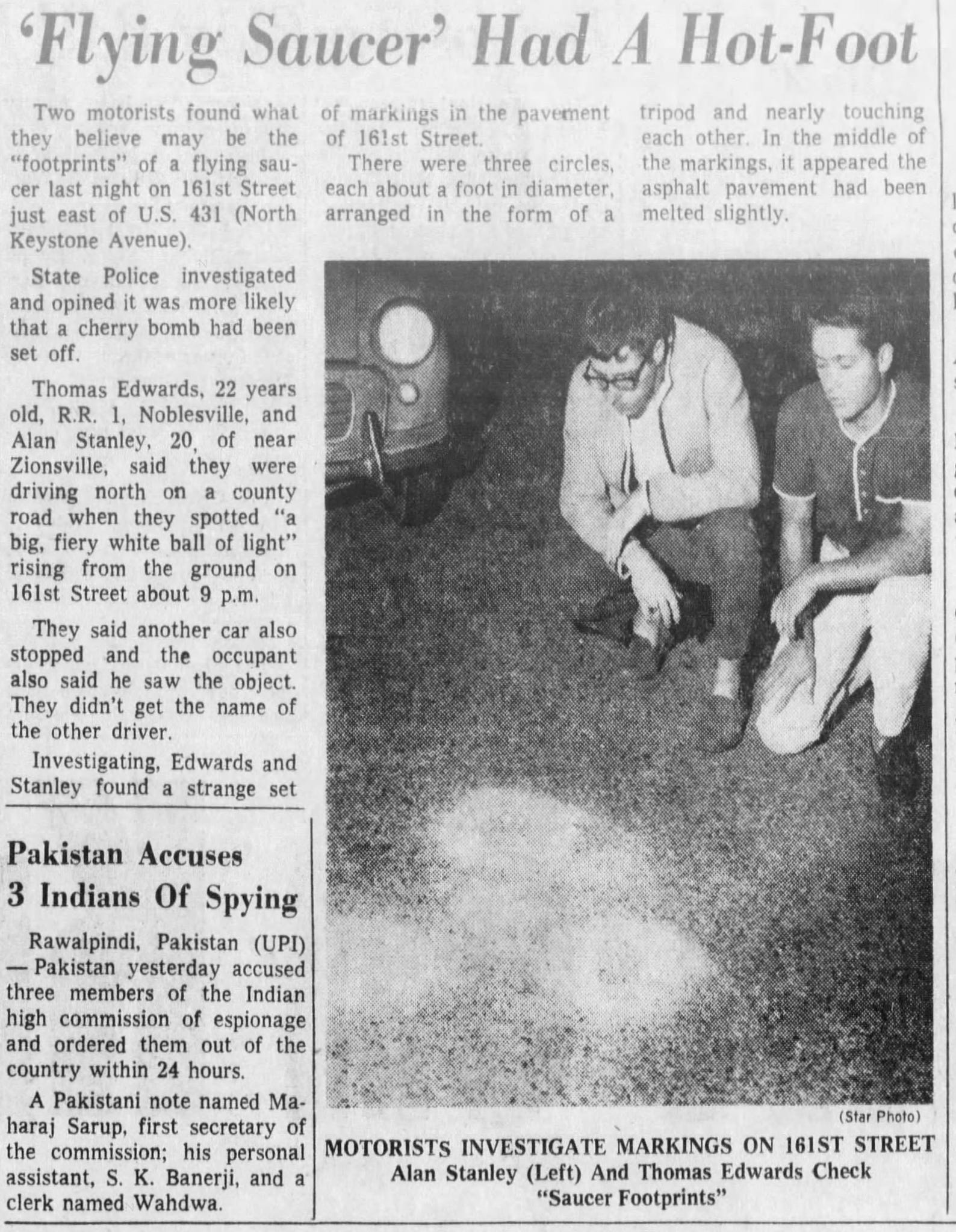 The Indianapolis Star reported on two motorists said they found possible UFO markings on their country road drive. Aug. 24, 1967.