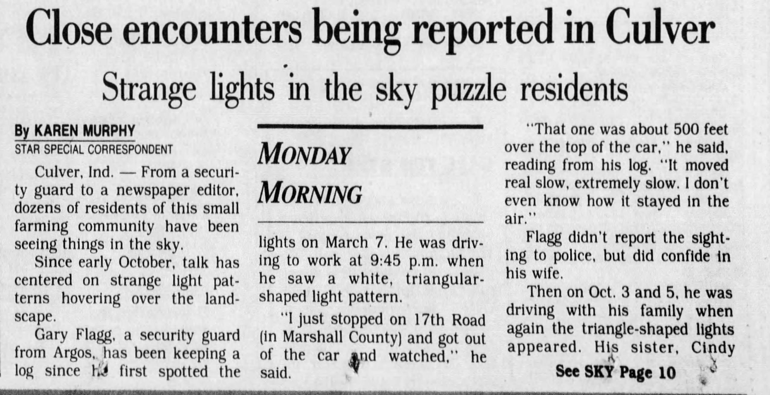 A Nov. 19, 1990 Indianapolis Star article reports on "close encounters" and strange lights in Culver, Ind.