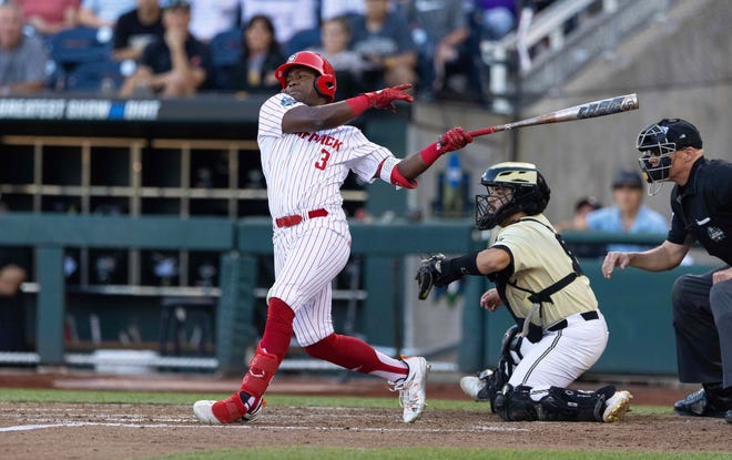 North Carolina State's Devonte Brown strikes out swinging with the bases loaded against Vanderbilt in the seventh inning during a baseball game in the College World Series Monday, June 21, 2021, at TD Ameritrade Park in Omaha, Neb. (AP Photo/Rebecca S. Gratz)