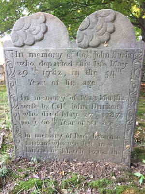 John Durkee gravestone at Norwichtown Colonial Burying Ground.