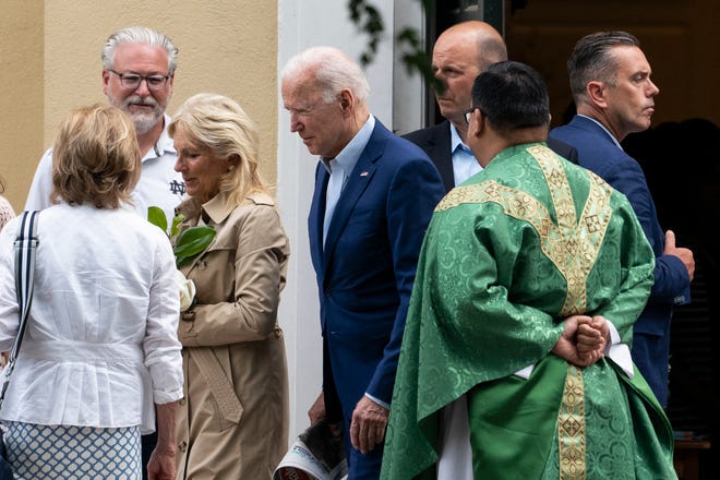 President Joe Biden and first lady Jill Biden depart after Mass at St. Joseph on the Brandywine Catholic Church, Saturday, June 19, 2021, in Wilmington, Del. (AP Photo/Alex Brandon)