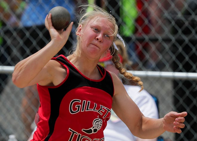 Gillett High School's Karissa Schaal competes in the shot put during the WIAA Division 3 state track and field meet on Thursday, June 24, 2021, at Roger Harring Stadium in La Crosse, Wis. Schaal placed sixth with a throw of 37 feet, 3 inches.
