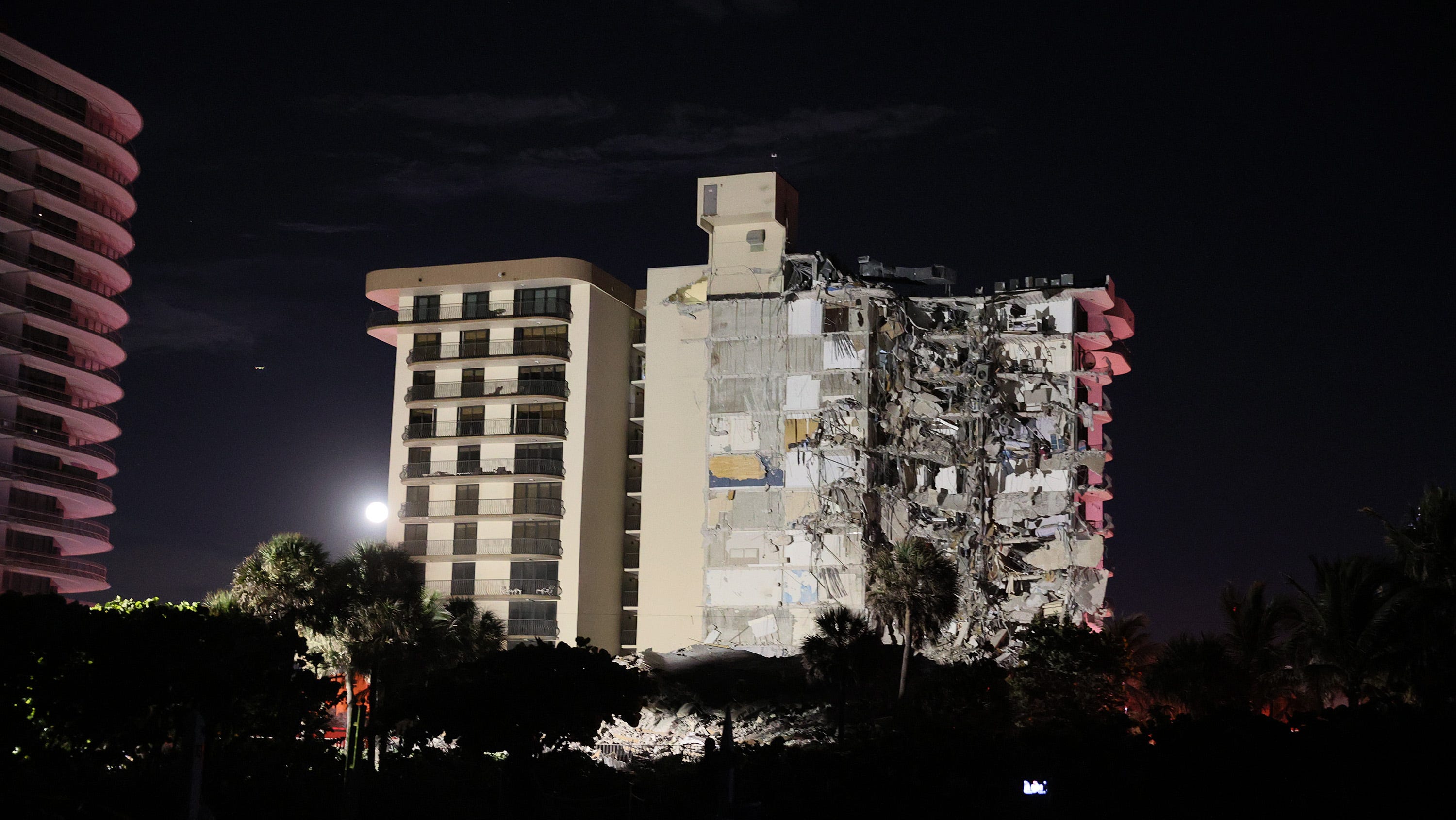 A portion of the 12-story condo tower crumbled to the ground following a partial collapse of the building on June 24, 2021 in the Surfside area of Miami, Fla.