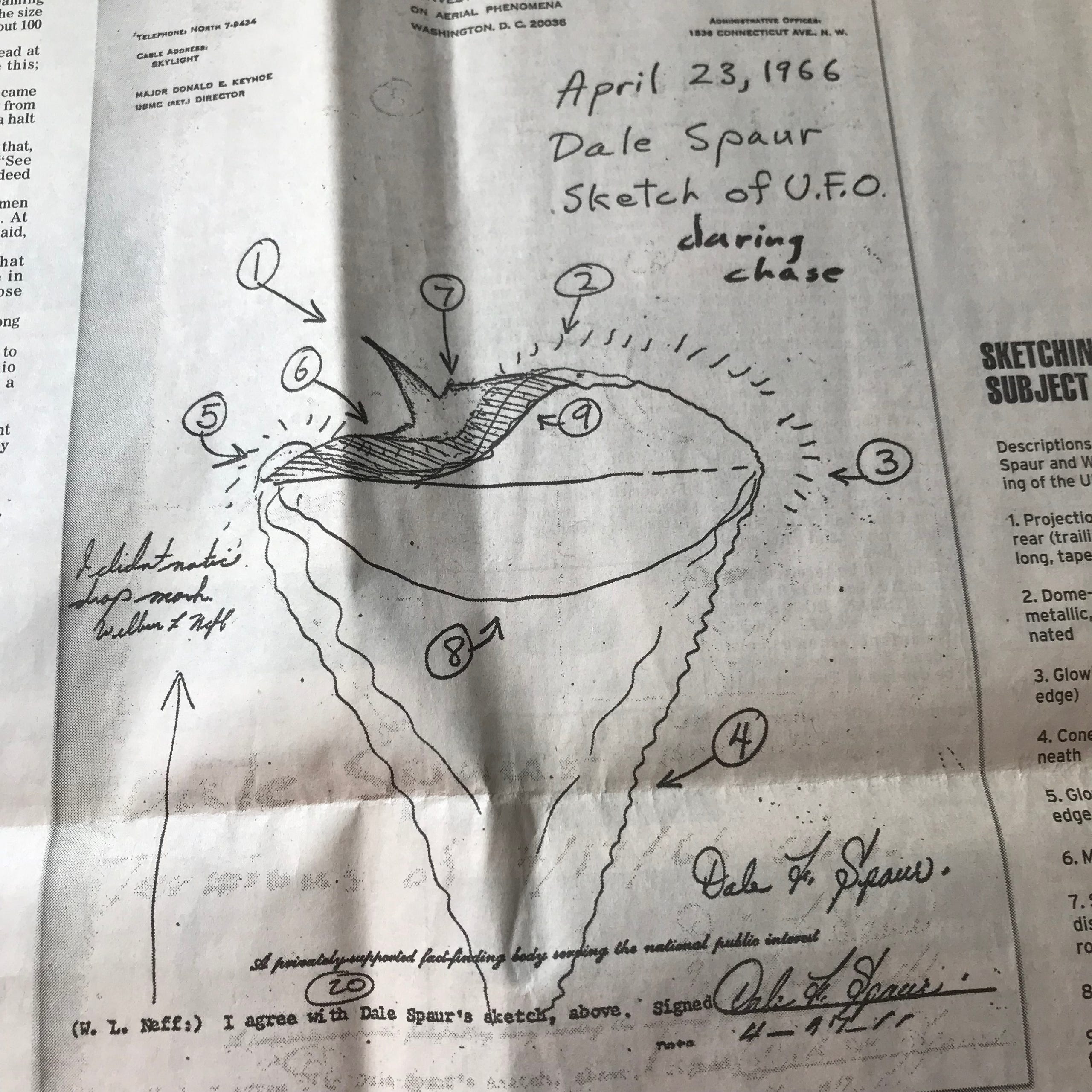 Portage County deputies Dale Spaur and William Neff provided this 1966 sketch of the UFO they saw to the National Investigations Committee of Aerial Phenomenon.
