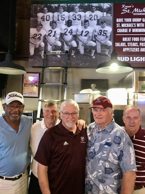 Five members of the 1966 and 1967 Southwest Missouri State football teams gathered Friday at Russo's St. Michaels Restaurant and Catering, 301 South Ave. All five are in the photo, taken early in the 1967 season and showing returning lettermen. They are (left to right) John Huddleston, No. 20; Rudy Rinker, No. 35; Tom Young, No. 15; Mike Howell, No. 33; and Tom Marty, No. 12.