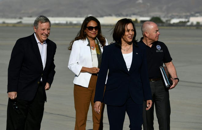 Vice President Kamala Harris is welcomed by Homeland Security Secretary Alejandro Mayorkas (R), Senator Dick Durbin, D-Ill., (L) and congresswoman Rep. Veronica Escobar, D-Texas, (2nd-L), upon arrival at El Paso International Airport, on June 25, 2021 in El Paso, Texas.