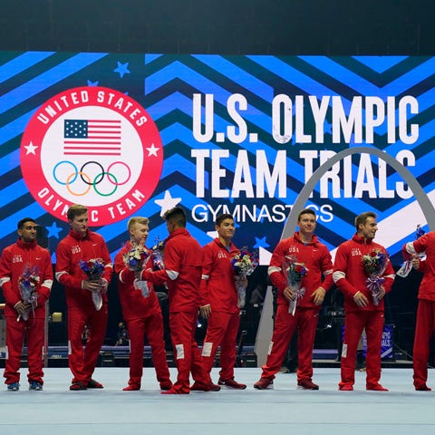 Members of the U.S. men's gymnastics team for the 