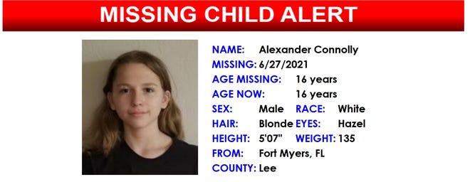 A Florida Missing Child Alert was issued Sunday afternoon for Alexander Connolly, 16, last seen in the area of the 3600 block of Broadway Avenue in Fort Myers.