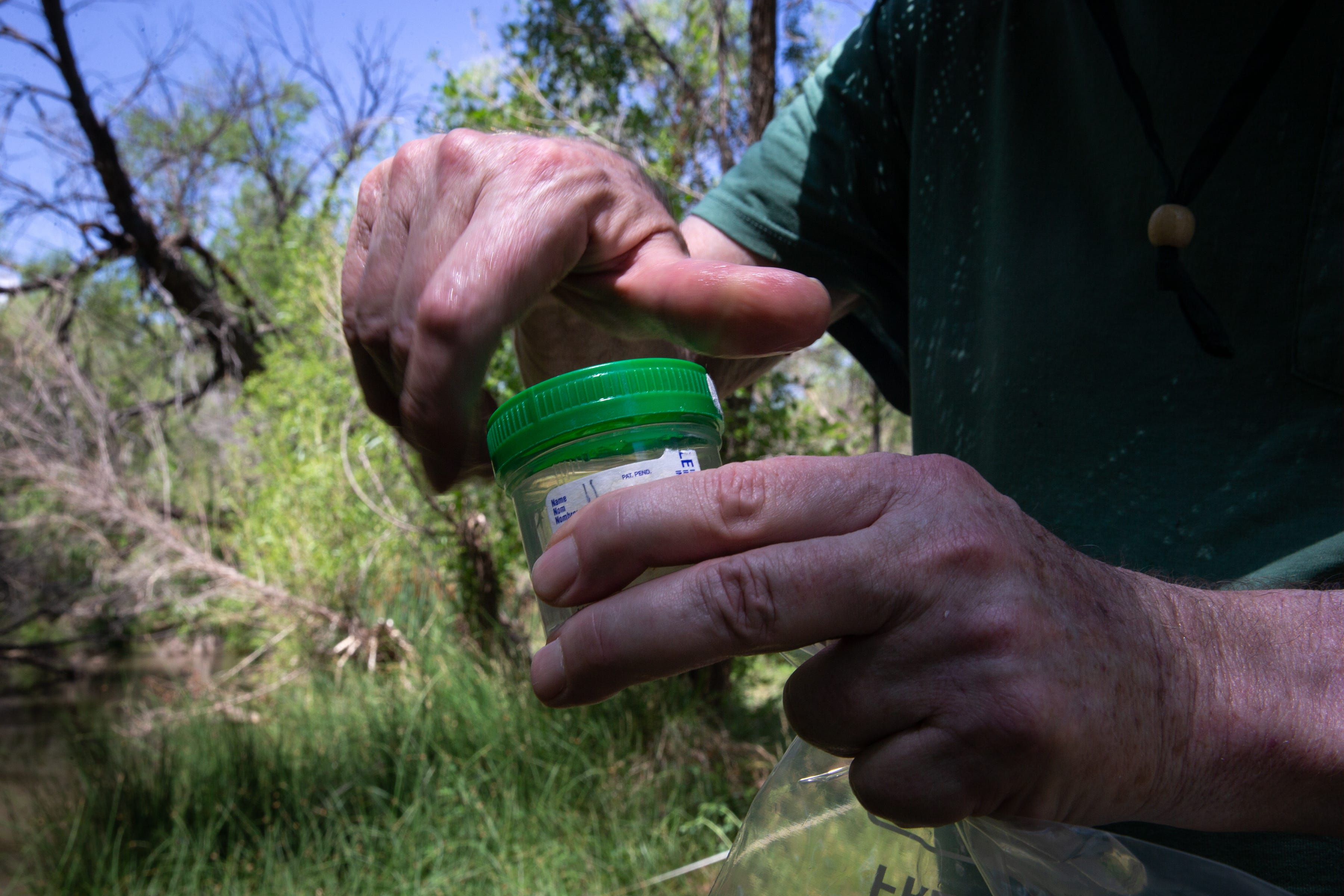 Tom Slaback takes a water sample from the Verde River, June 25, 2021, near Perkinsville, Arizona.