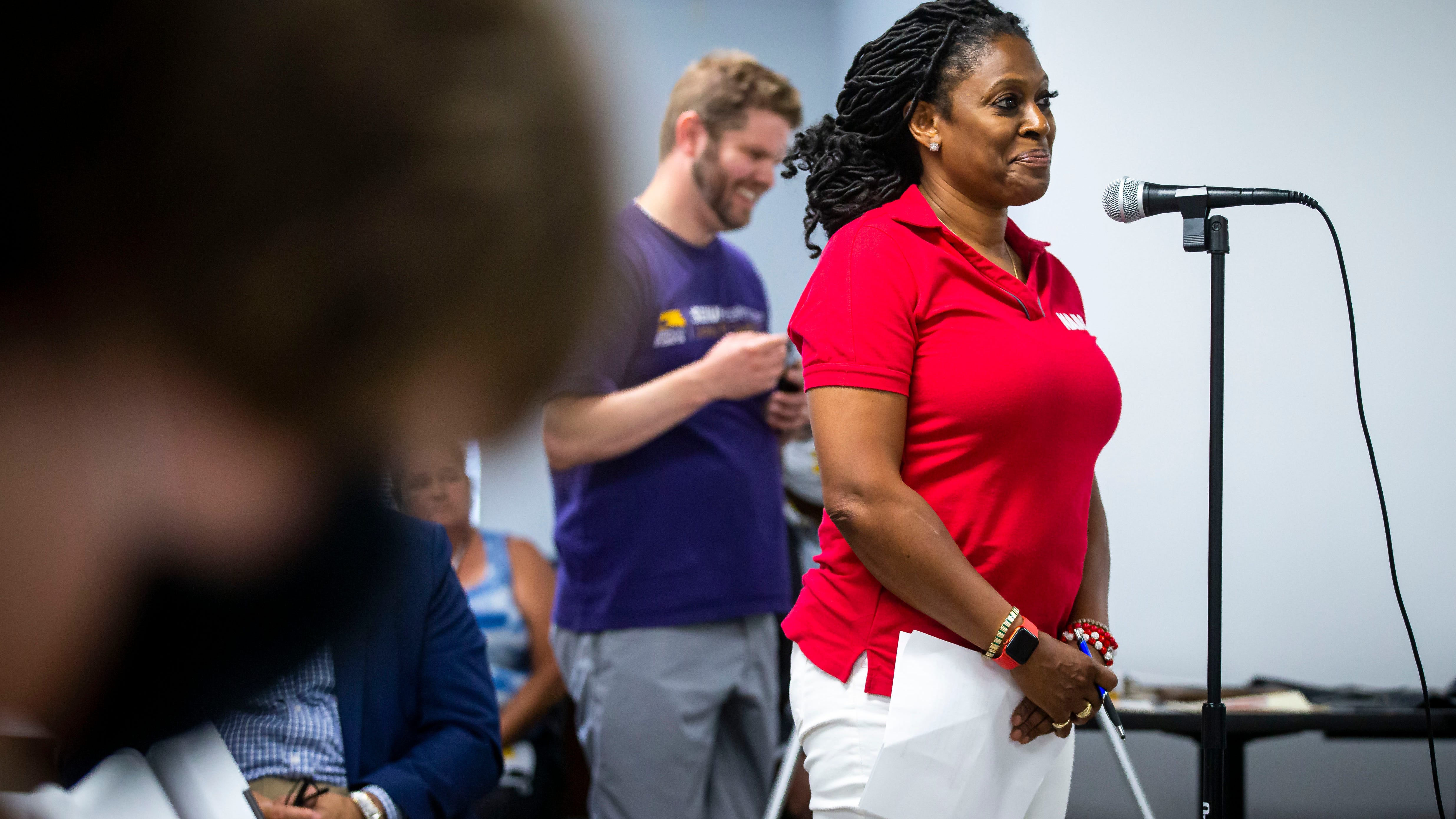 Springfield NAACP President Teresa Haley asks a question of U.S. Sen. Dick Durbin, D-Ill., during a town hall discussing President Joe Biden's American Jobs Plan and home care jobs at the NAACP Springfield headquarters in Springfield Monday. [Justin L. Fowler/The State Journal-Register]
