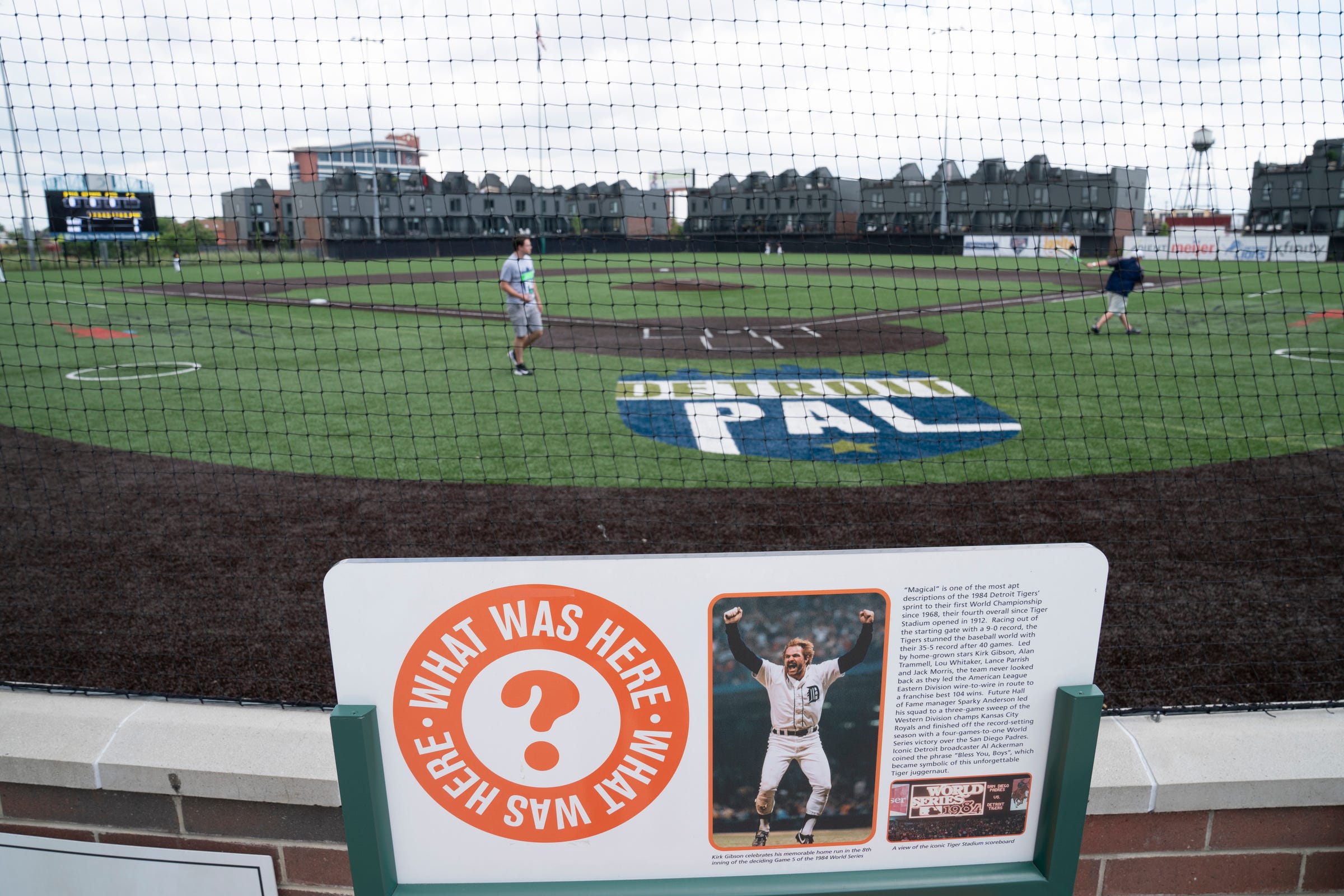 A Detroit Free Press photo of Kirk Gibson shot by Mary Schroeder can be seen behind home plate at the Detroit Police Athletic League (PAL) (former Tiger's Stadium space) as it opens to some good news from the state of Michigan Monday, June 28, 2021. Legislators from the Michigan House of Representatives announced a new $15 million commitment to PAL, specifically PAL's new Community Connection Initiative.