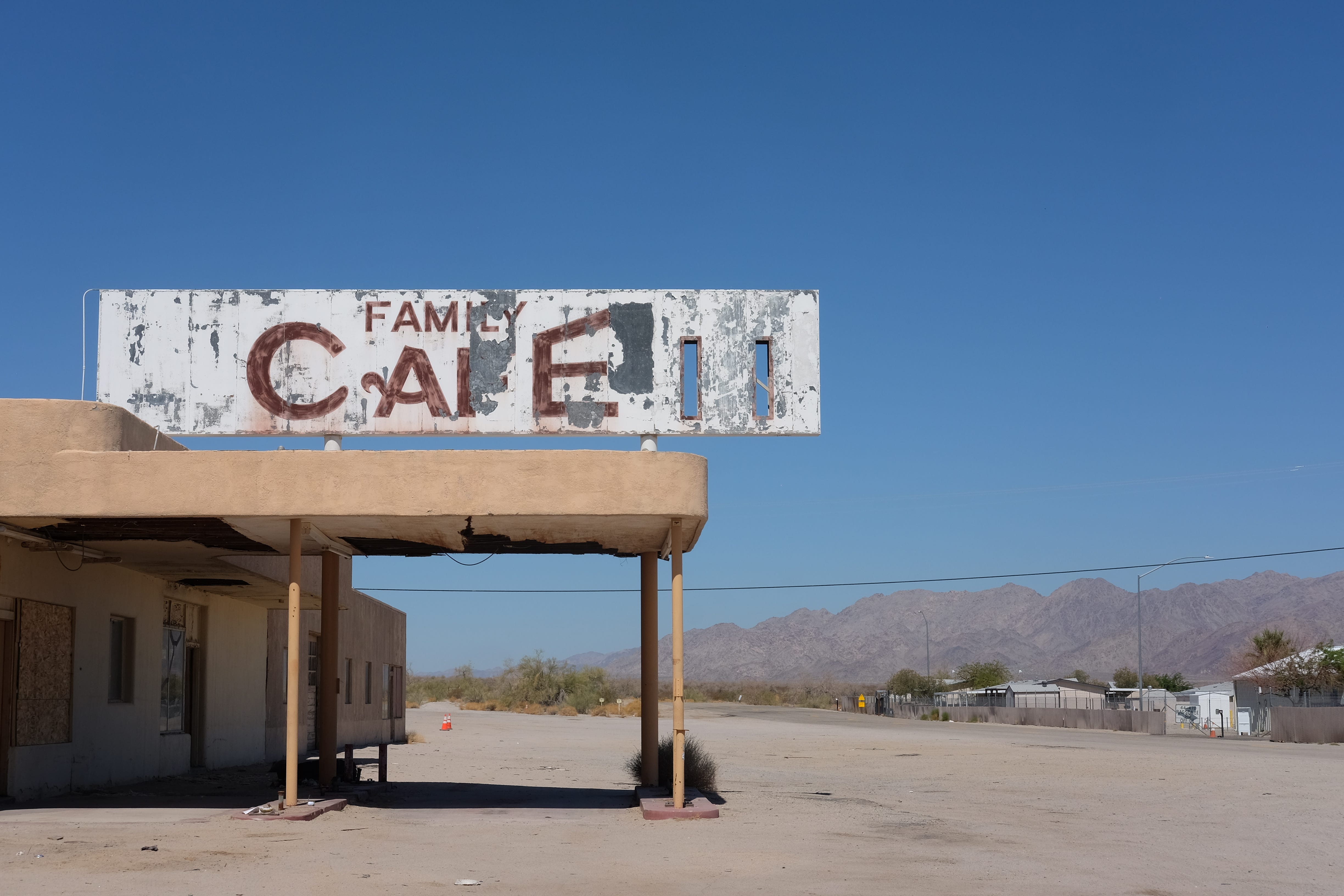 Only a shell of the Desert Center Cafe remains as of June 2021.