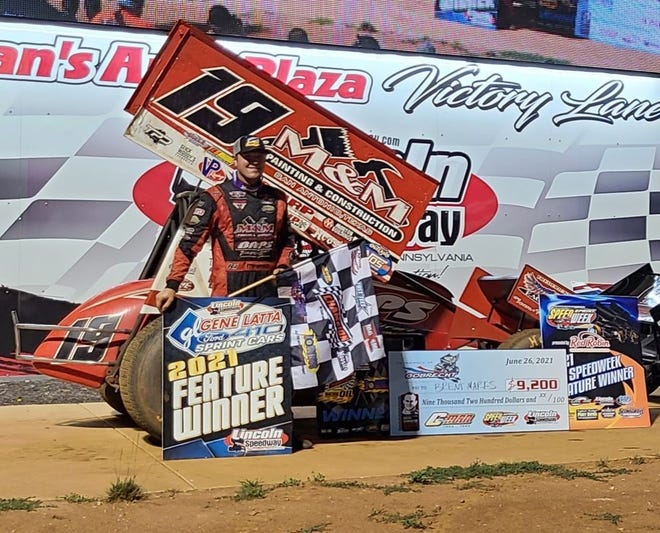Brent Marks is shown here after his win Saturday night at Lincoln Speedway.