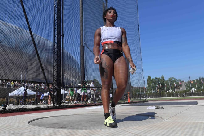 Gwendolyn Berry aka Gwen Berry reacts after placing third in the women's hammer with a throw of 241-2 (73.50m) during the US Olympic Team Trials at Hayward Field.