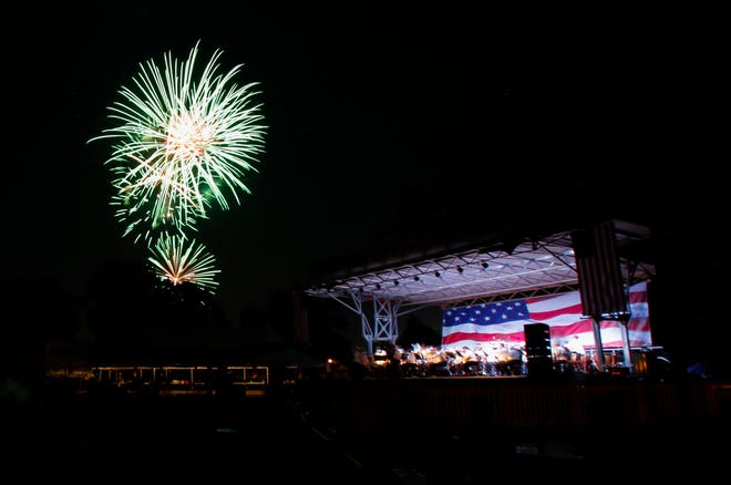 Fireworks explode in the sky at the Tribute to Liberty celebration at Joe B. Barnes Regional Park in Midwest City, Tuesday, July 4, 2017.