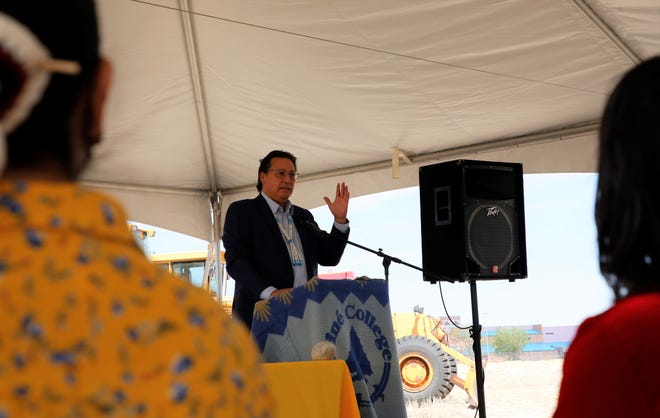 Diné College President Charles "Monty" Roessel talks about the new math and science building at the college's south campus in Shiprock during the groundbreaking ceremony on June 28, 2021.