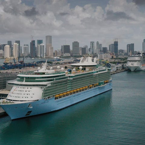 In an aerial view, the Royal Caribbean Freedom of 
