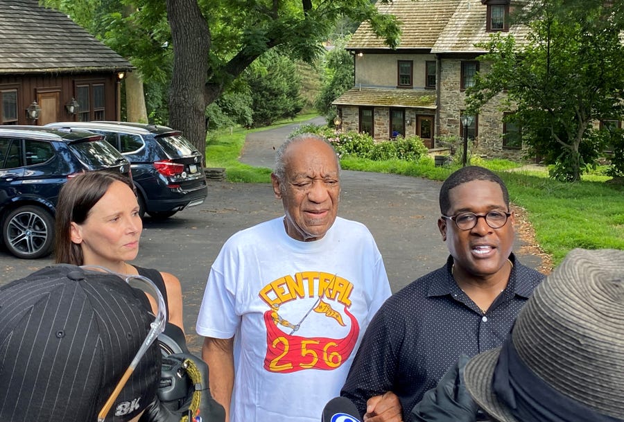 Bill Cosby flanked by his attorney Jennifer Bonjean and spokesman Andrew Wyatt speak outside of Cosby's home in Cheltenham, Pa, on June 30, 2021.