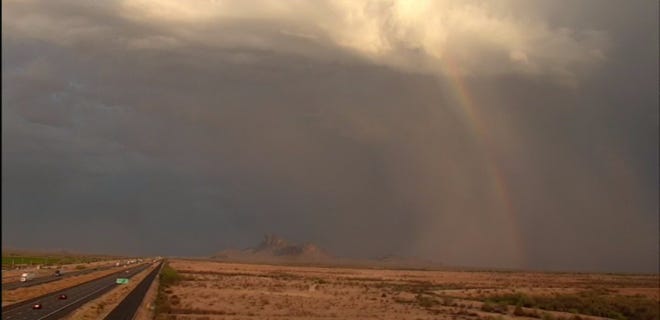 A rainbow emerged near Picacho Peak after a storm system passed over Interstate 10 on June 30, 2021.
