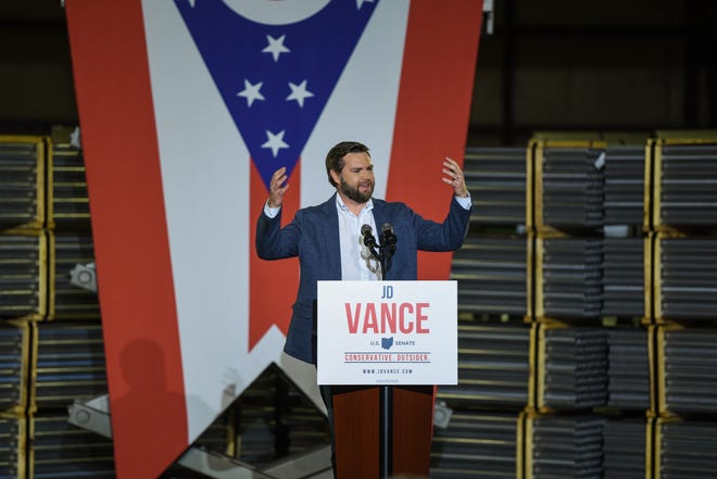 Author of "Hillbilly Elegy, J.D. Vance announces his Senate bid at Middletown Tube Works in his hometown on July 1, 2021.