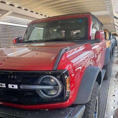 2021 Ford Bronco SUVs on rail cars ready to be off