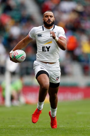 LONDON, ENGLAND - MAY 26: Maceo Brown of United States in action during the bronze medal match between France and the United States during the HSBC London Sevens at Twickenham Stadium on May 26, 2019 in London, United Kingdom. (Photo by Luke Walker/Getty Images)